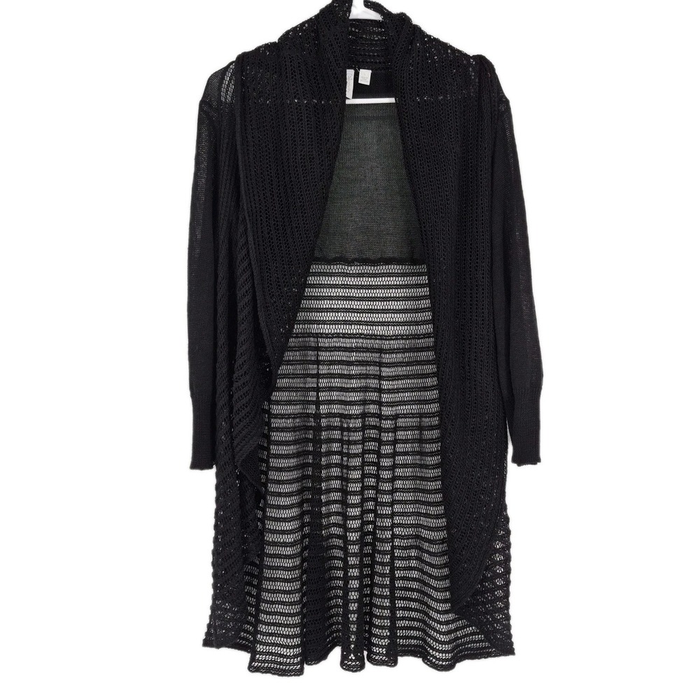 Relativity‎ Women's Black Open Knit Crochet Long Cardigan Duster Sweater Shawl L